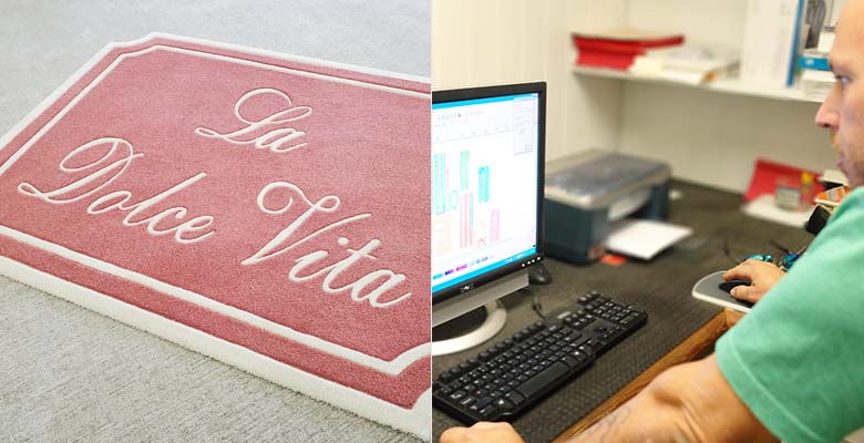 Company logo on entry rug and designer editing pattern for CNC cutting machine.