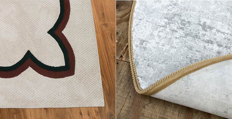 Two examples of detailed custom area rugs with hand carving and custom binding.