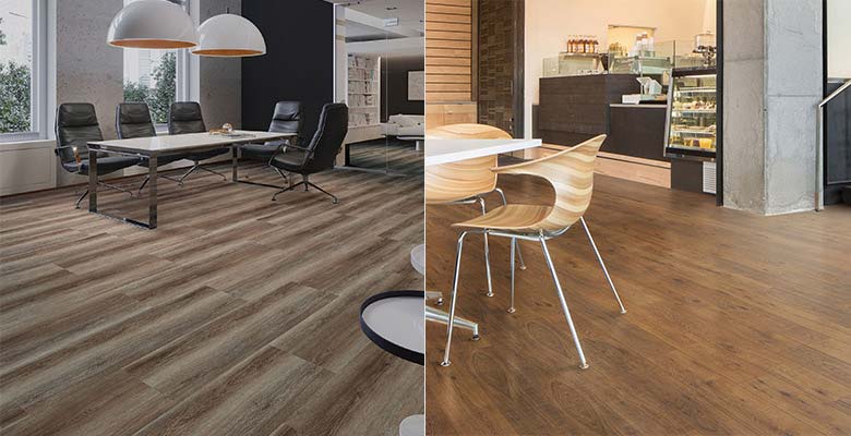 Examples of hardwood flooring and vinyl flooring that has the look and texture of wood.